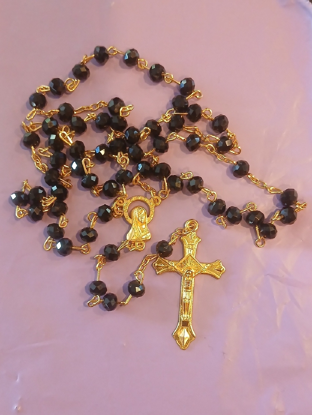 2 Gold Plated Rosary Necklaces with Black Beads